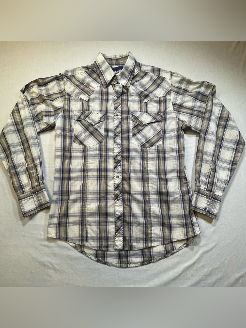 Vintage Wrangler Plaid Pearl Snap Shirt Mens M Blue Western Cowboy Rodeo Retro